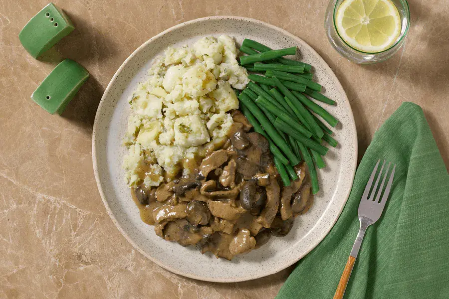 Beef Stroganoff, Crushed Potatoes, Mushrooms Green Beans