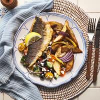 Sea Bass With Patates Lemonates & Greek-Style Salad