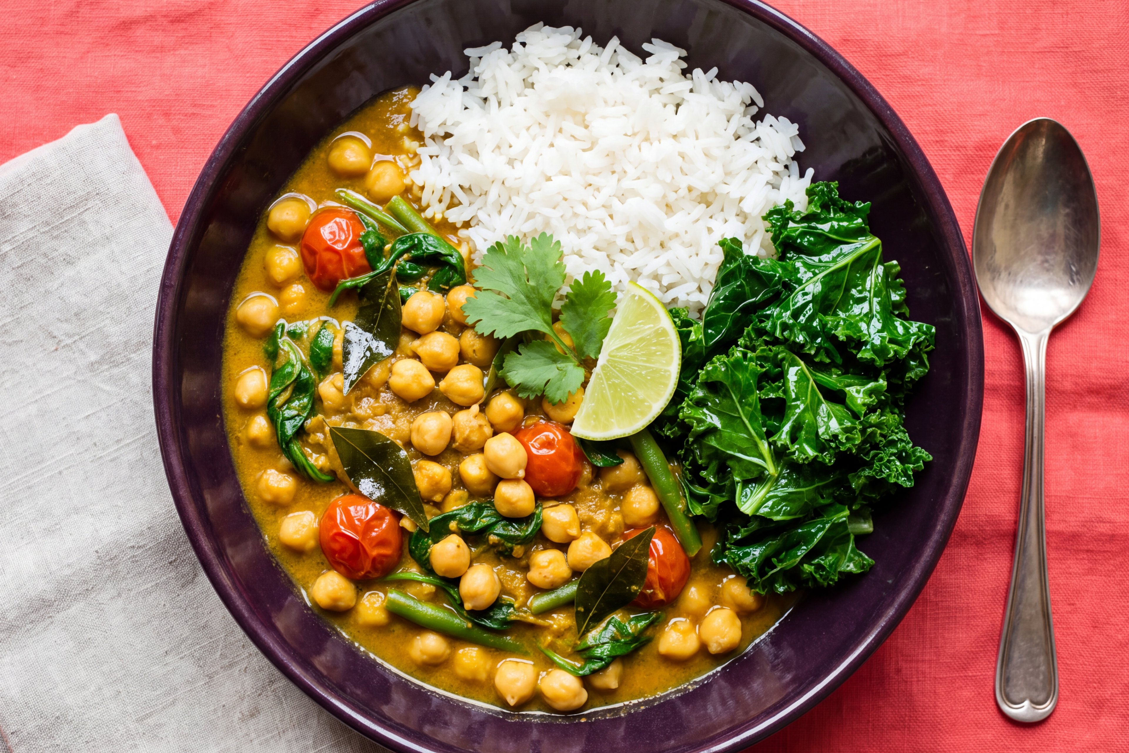 Keralan Chickpea Curry with Fragrant Jasmine Rice and Kale