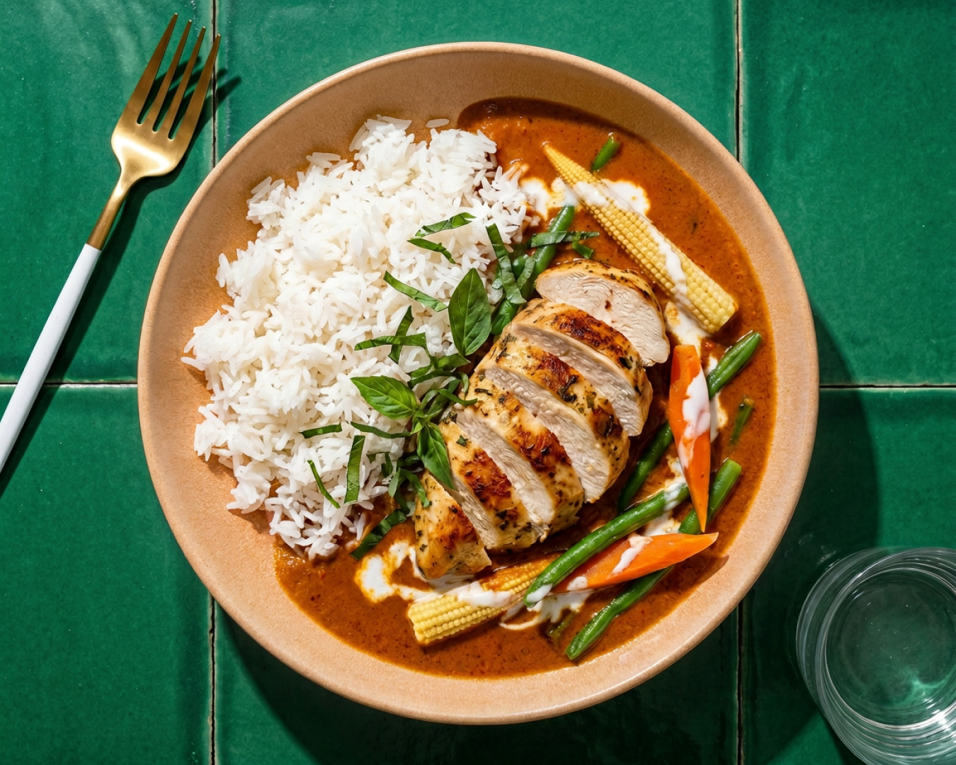 Chicken Penang with Fragrant Jasmin Rice, Baby Corn, Carrots & Green Beans