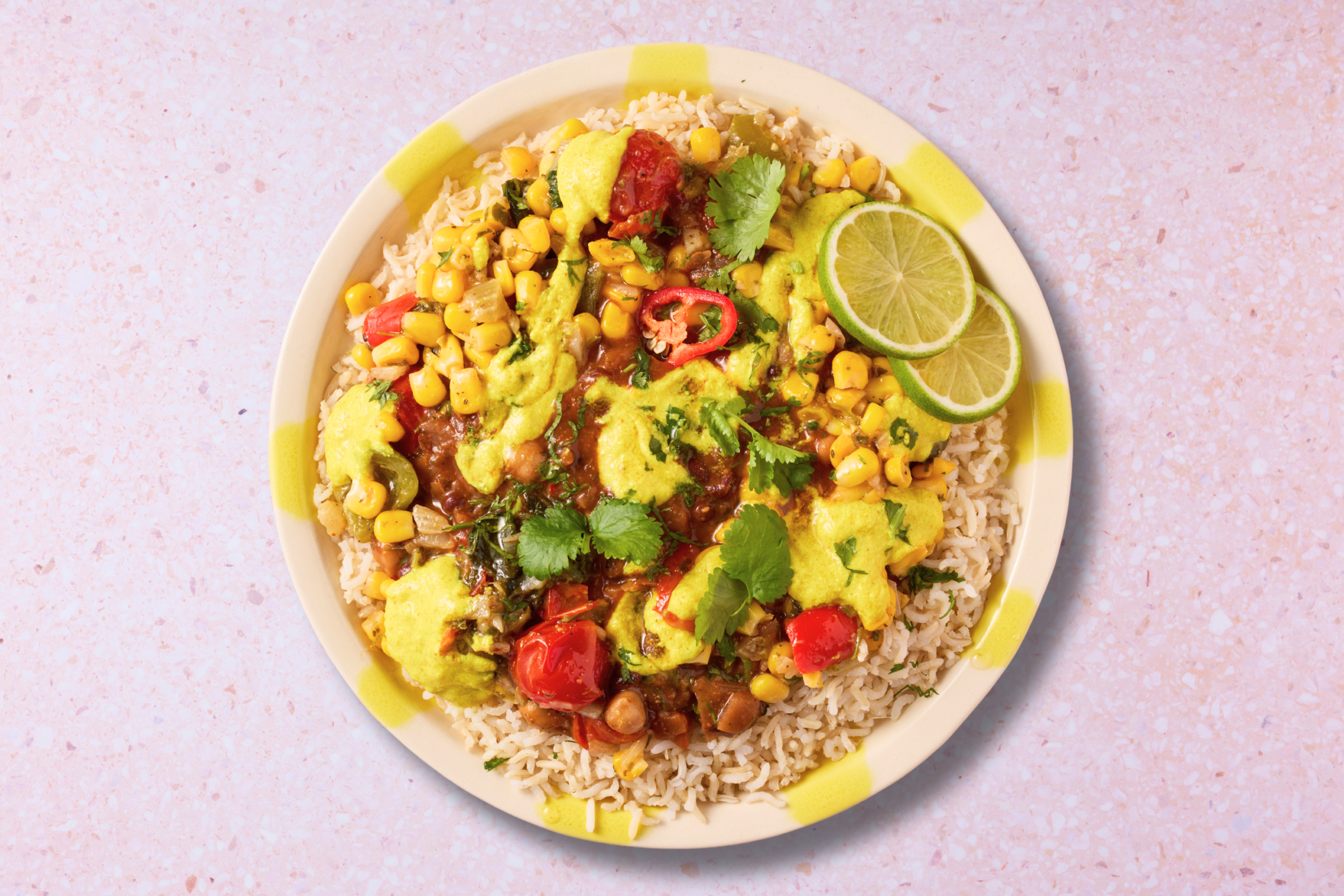 Black Bean Mole with Brown Rice, Corn Salsa and Spiced Yoghurt