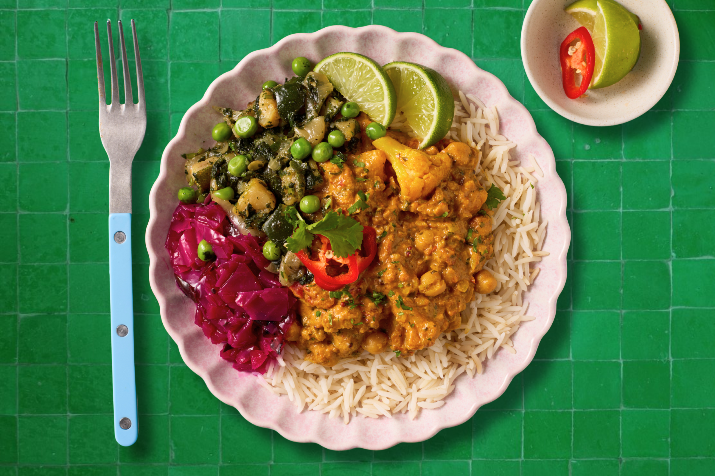 Goan Chickpea Curry with Basmati Rice, Greens, and Pickled Red Cabbage
