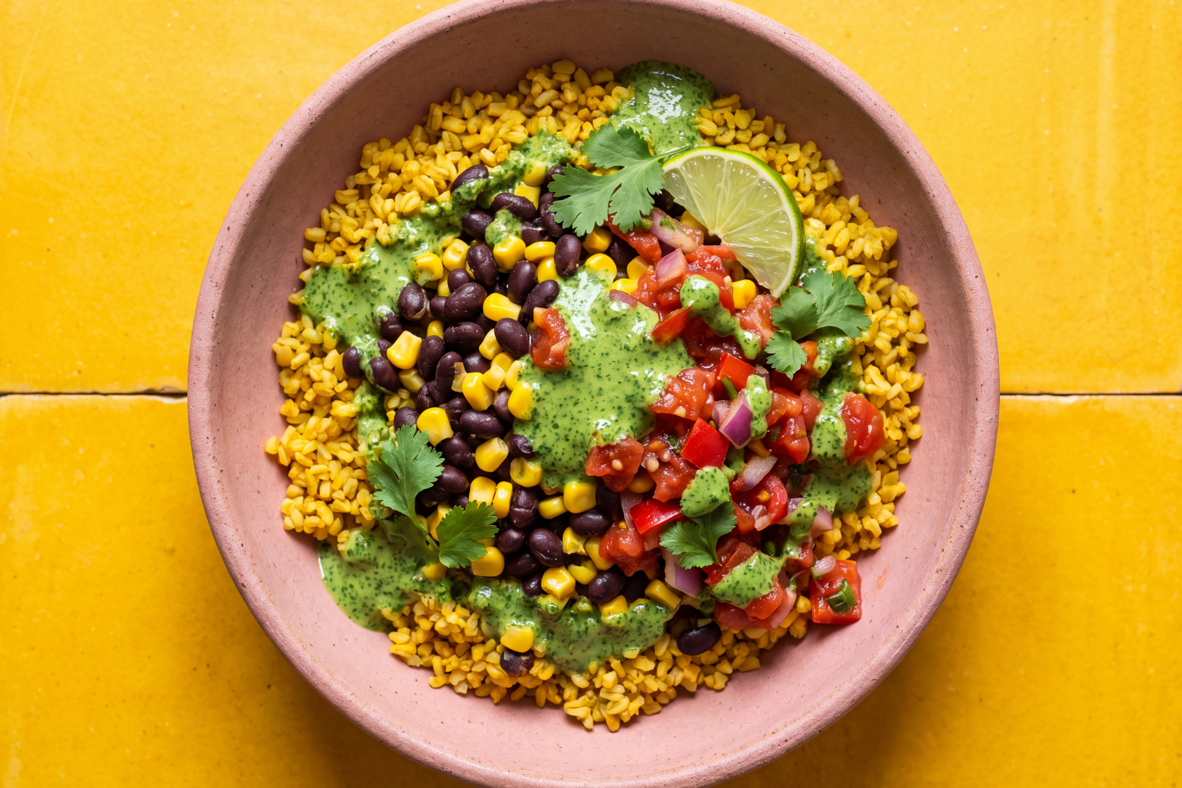Yucatan Black Beans with Bulgar Wheat, Corn and Tomato Salsa