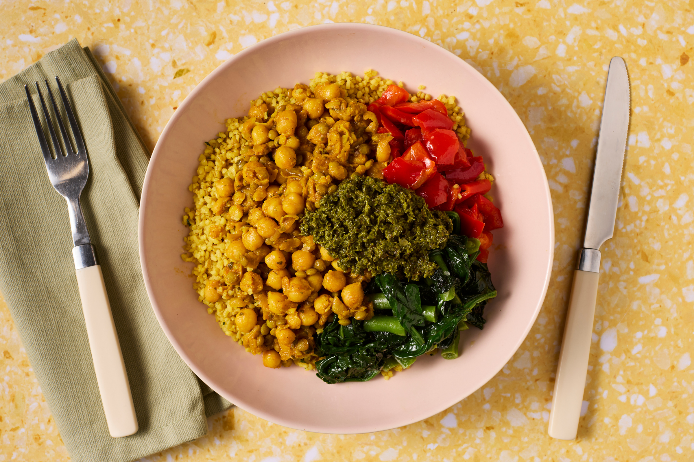 Chickpea and Lentil Shawarma Bowl with Bulgar Wheat, Red Peppers and Greens