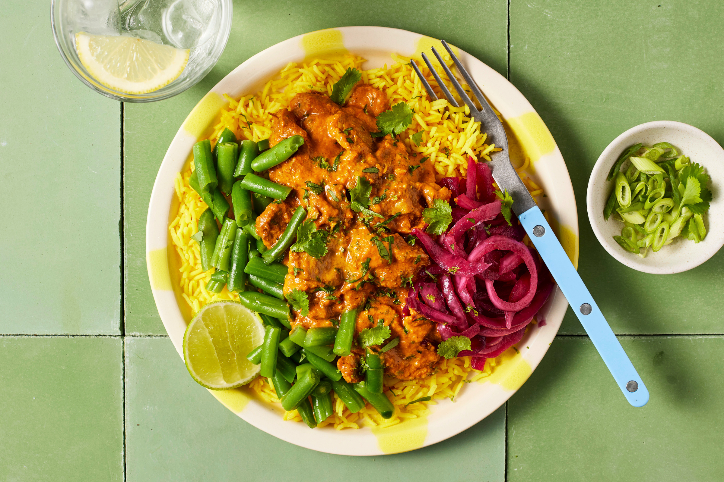 Butter Chicken with Turmeric Rice, Green Beans & Pickled Onion