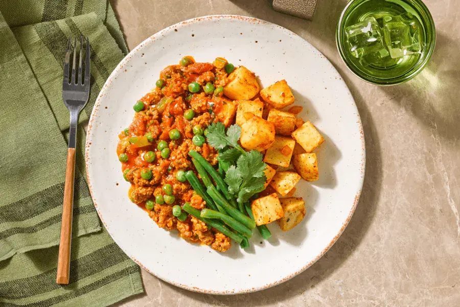Indian-Spiced Lamb Keema, Bombay Potatoes & Greens