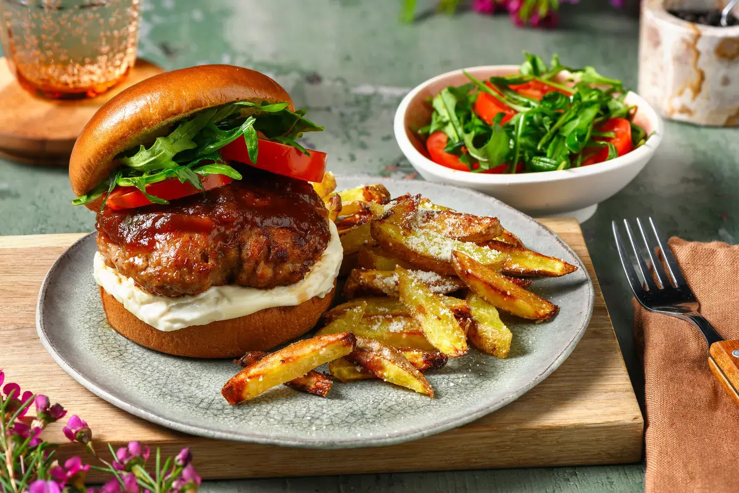 Pork Burger and Cheesy Truffle Chips