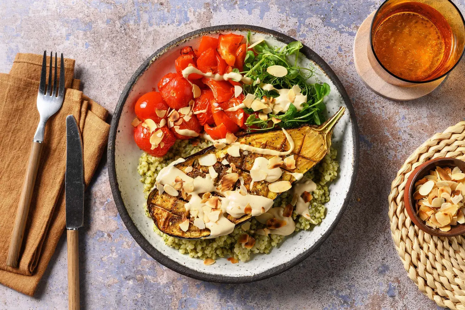 Roasted Spiced Aubergines & Zhoug Bulgur Wheat