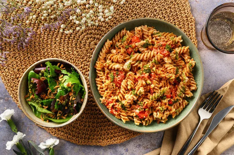 Baked Feta, Chicken and Baby Plum Tomato Fusilli
