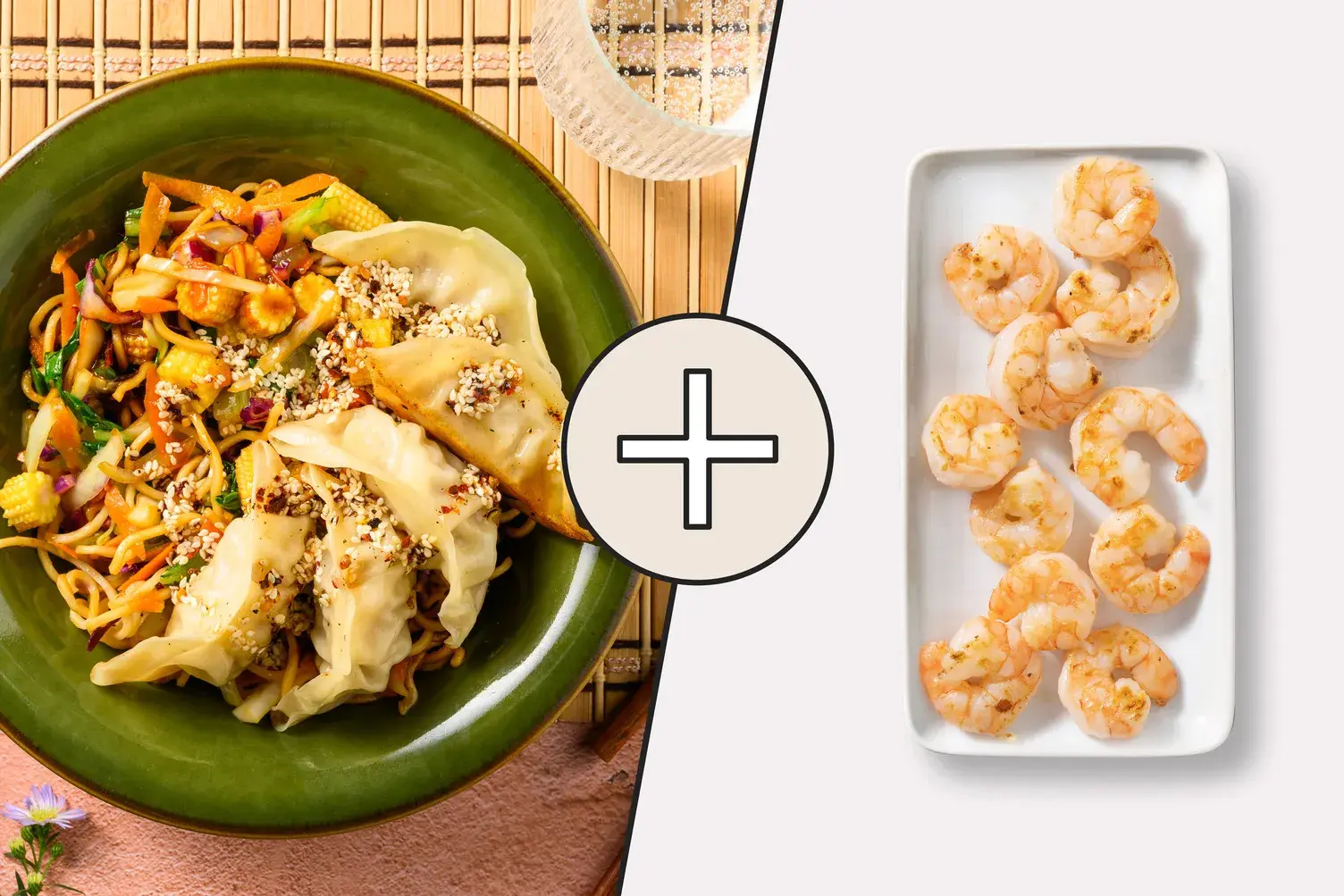 Prawns and Vegetable Gyozas on Soy Ginger Noodles