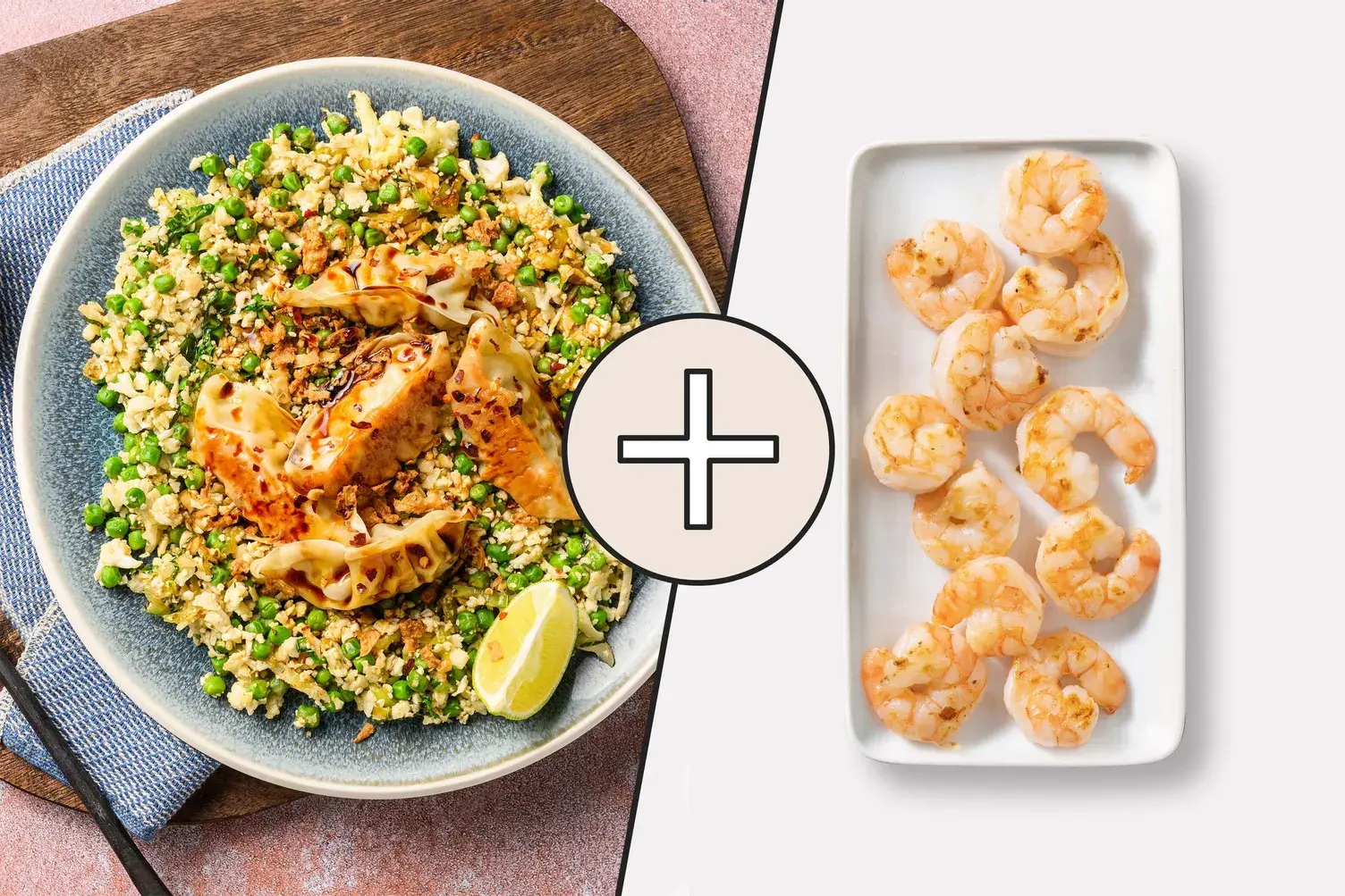 Prawns, Vegetable Gyozas & Indonesian Inspired Fried Cauli Rice