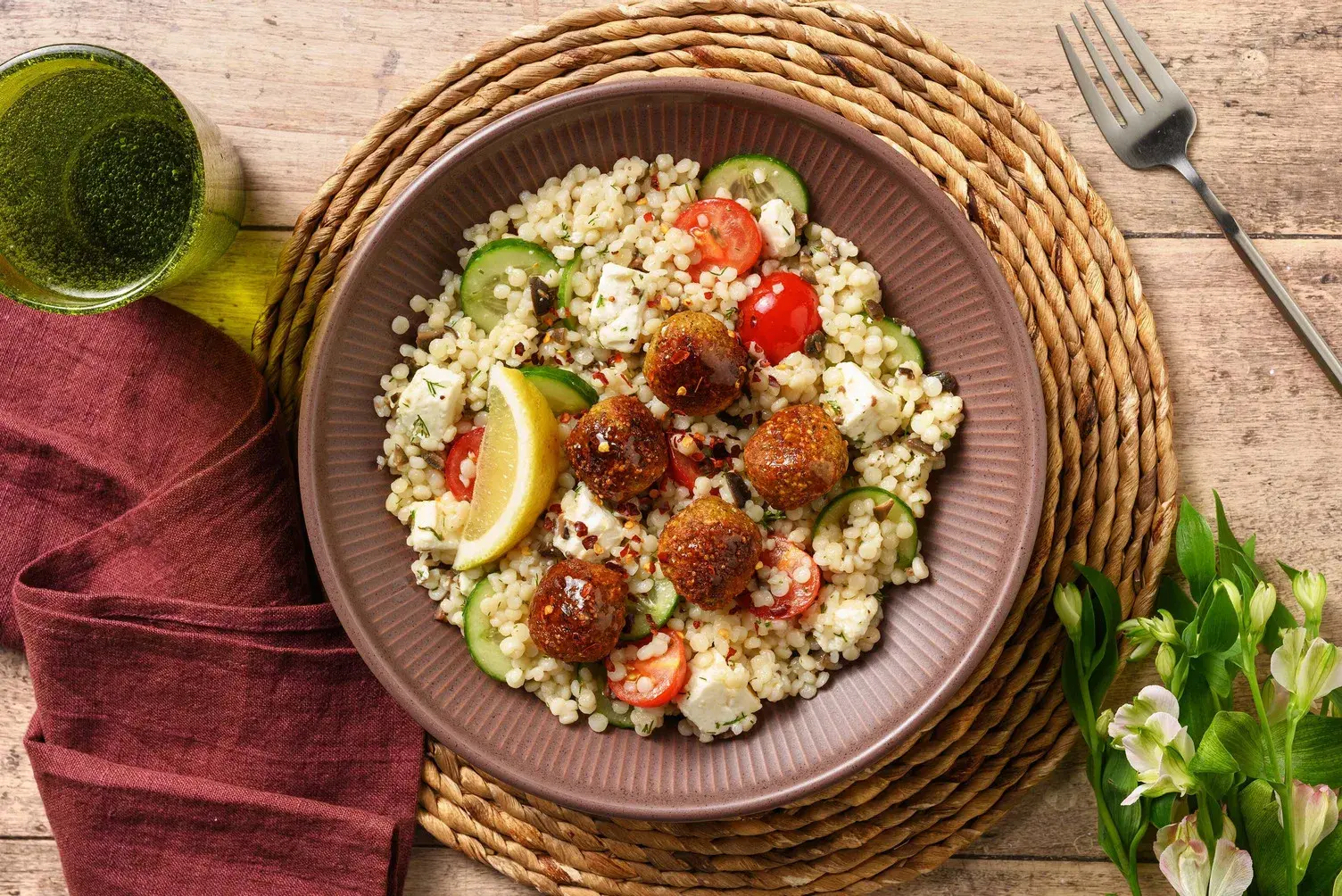 Greek Inspired Pearl Couscous, Chicken & Falafel Nourish Bowl