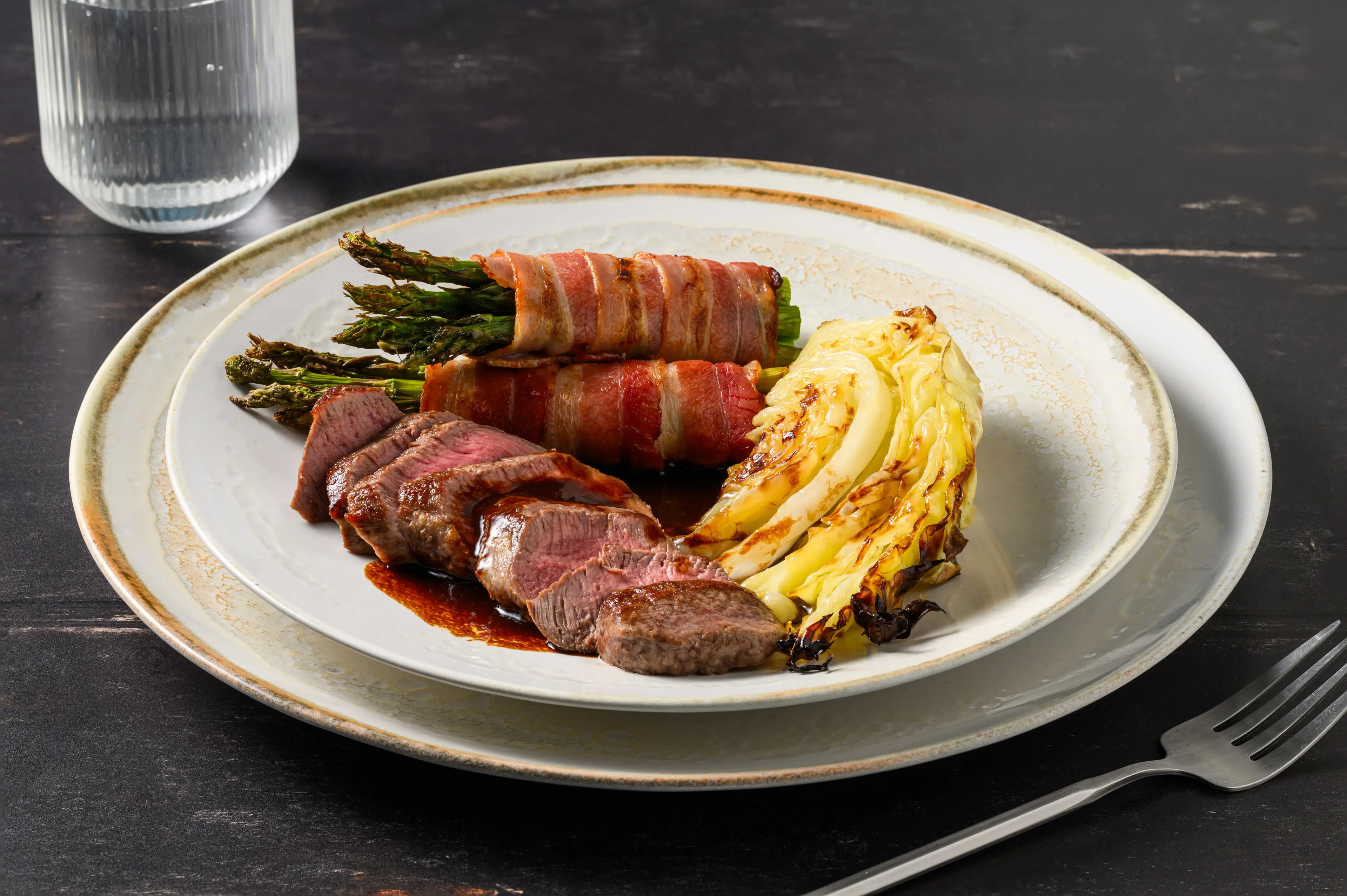 21 Day Aged Sirloin Steak and Bacon Wrapped Asparagus