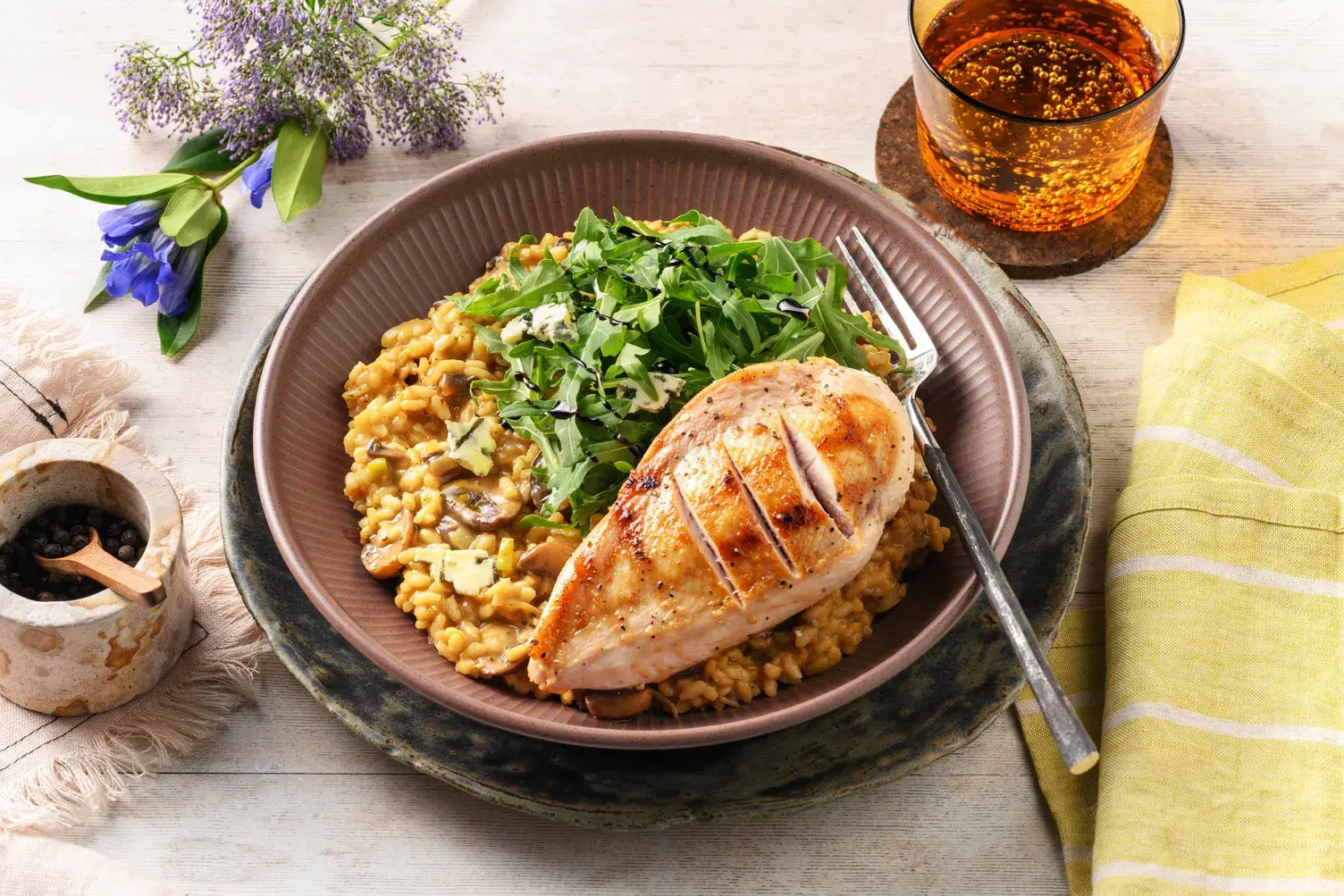 One Pot Oven-Baked Leek, Mushroom & Blue Cheese Chicken Risotto