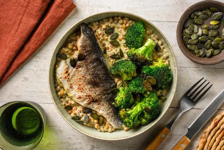 Salmon on a Bed of Creamy Pesto Lentils