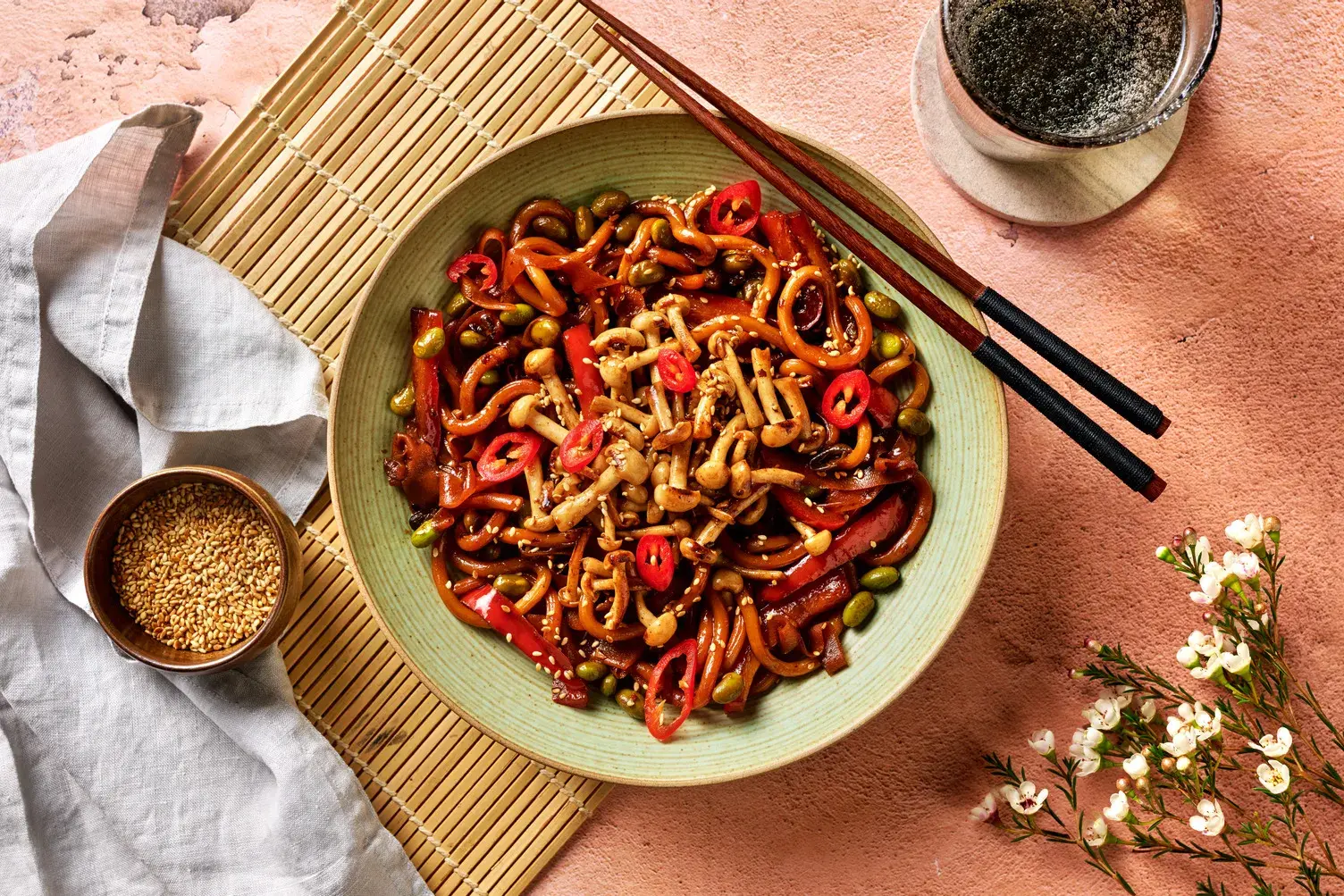 Sweet Garlic Glazed Shimeji Mushroom Topped Udon