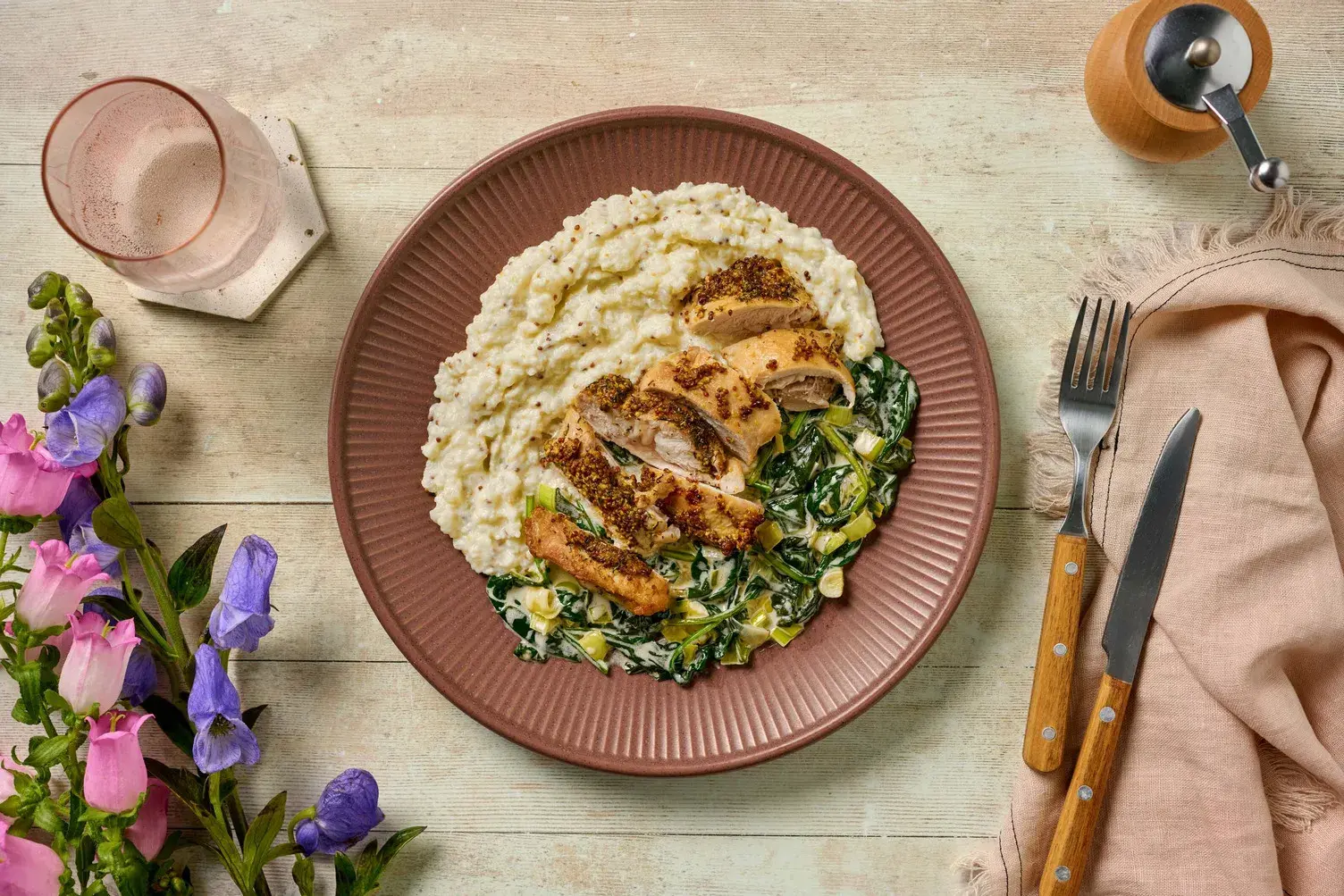 Thyme Chicken Thighs and Mustard Cauli Mash