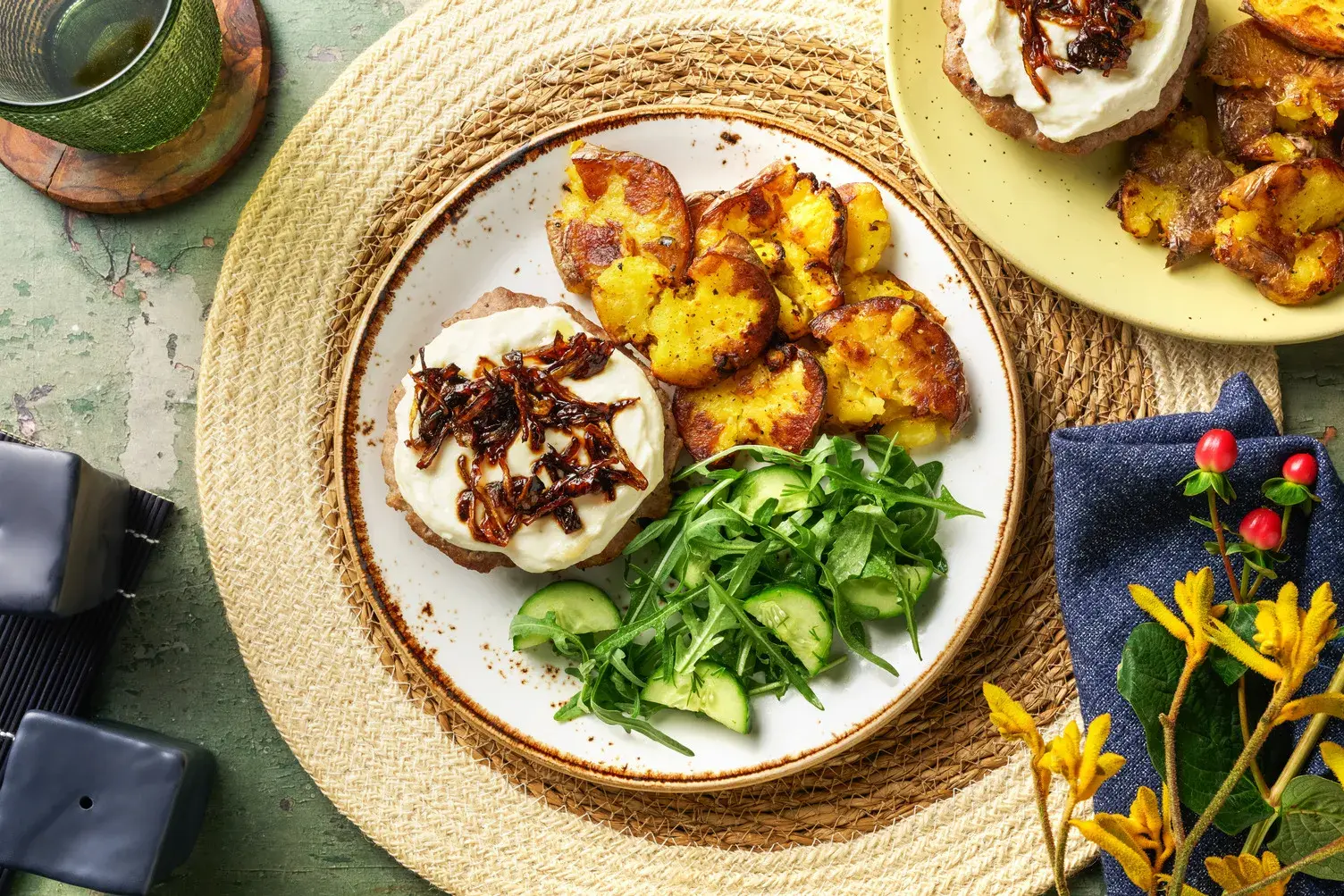 Naked Cheesy Pork Burger and Smashed Potatoes