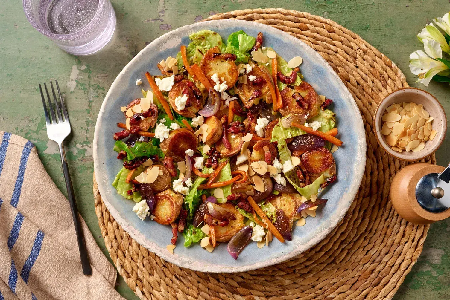 Warm Smashed Potato, Bacon and Crispy Kale Salad