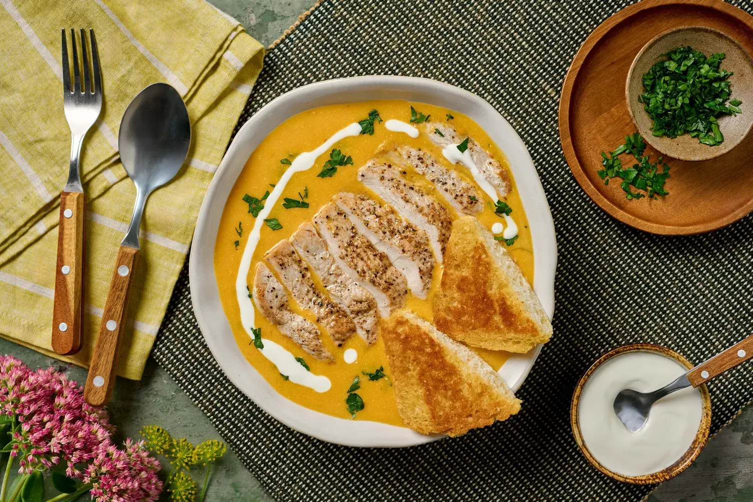 Double Turkey Steak Topped Creamy Butternut Soup