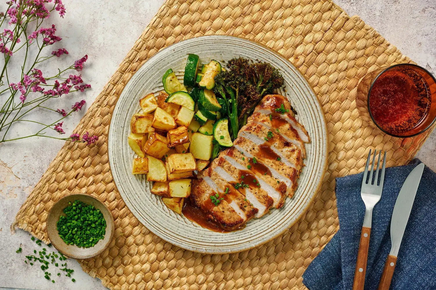 Pork Steak and Herby Broccoli Traybake