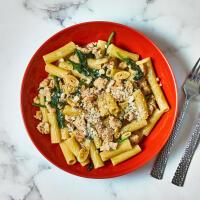 Creamy Chicken Mince Alfredo Tortiglioni With Crispy Garlic