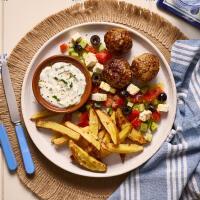 Pork & Greek Cheese Keftedes With Tzatziki And Greek-Style Salad