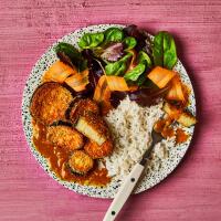 Aubergine Katsu Curry With Brown Rice & A Chicken Breast