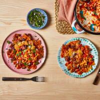 Cheesy Sausage & Pepper Chilli Con Carne Pasta Bake