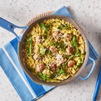 One Pan Basil Lean Pork Meatballs With Creamy Pesto Orzo