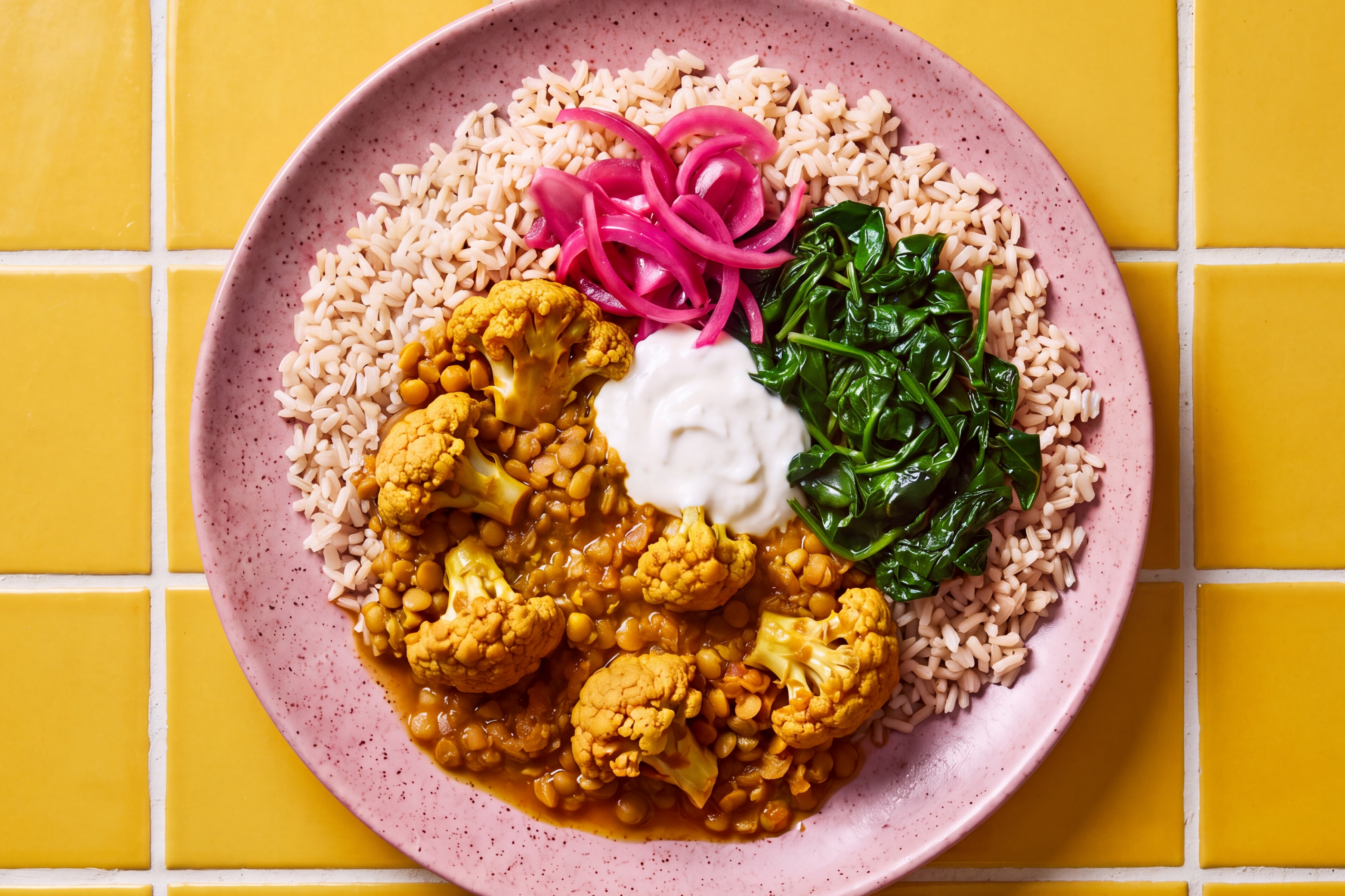 Cauliflower and Lentil Dhansak Curry with Brown Rice, Garlic Spinach, Pickled Onions and Yoghurt