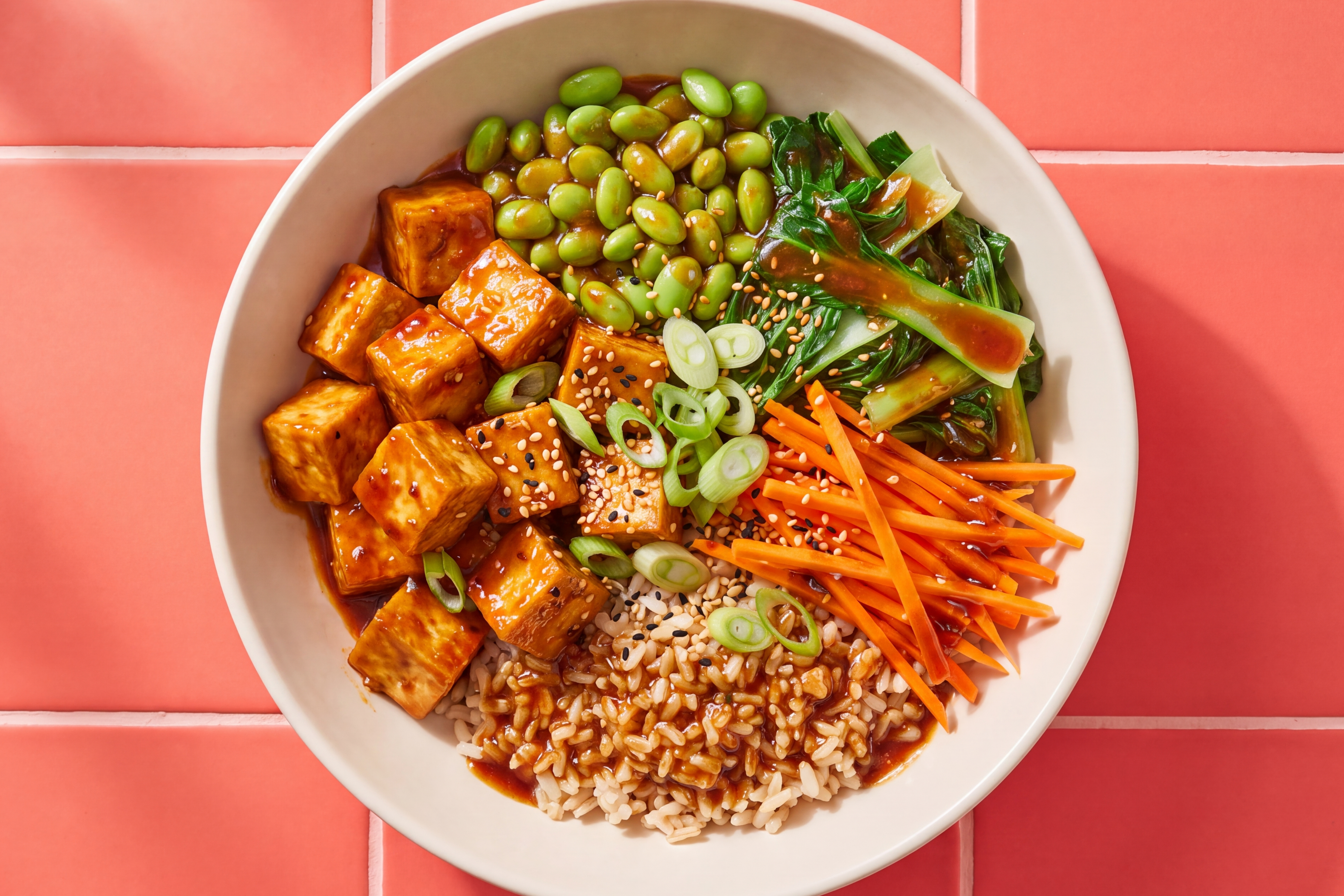 Korean Tofu Bowl with Brown Rice, Edamame, Choi Sum and Carrot