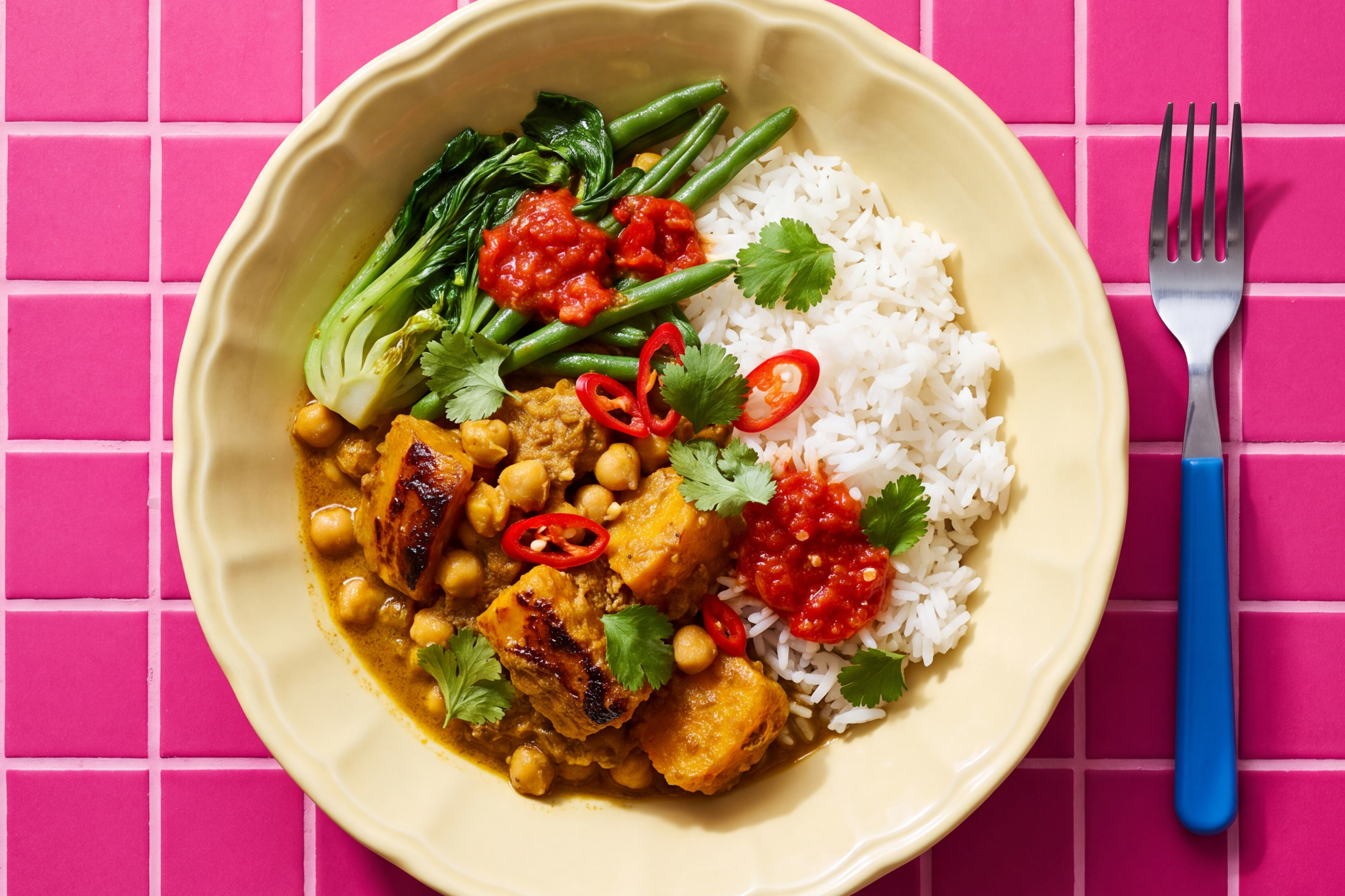 Squash and Chickpea Rendang with Jasmine Rice, Ginger Greens and Tomato Sambal